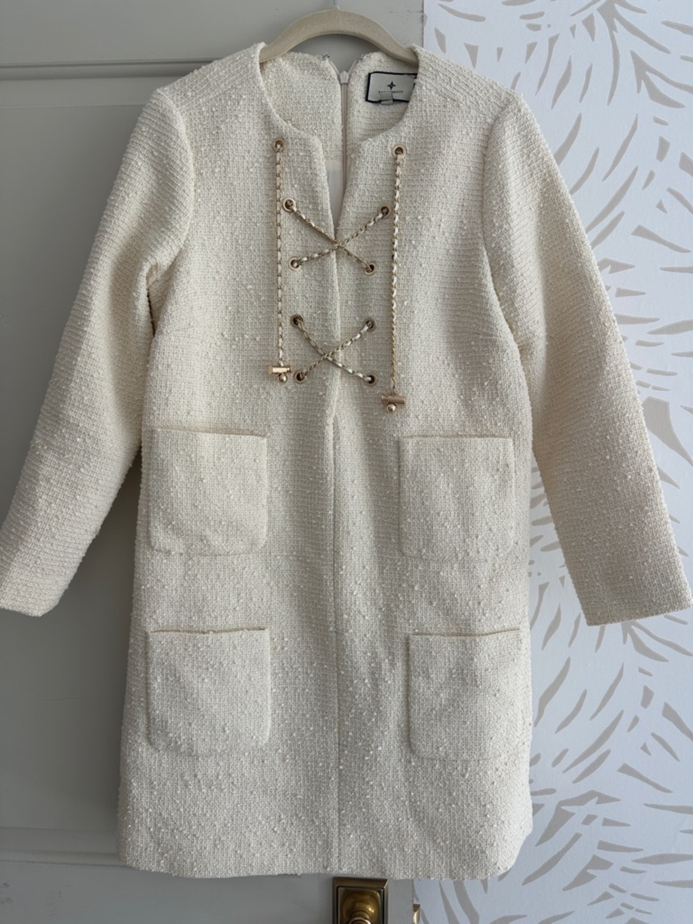 Ivory Tweed Lace-Up Pocket Dress